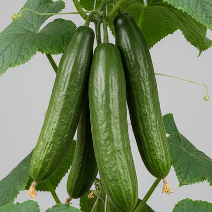 Three green cucumbers hanging from a vine in a garden setting.