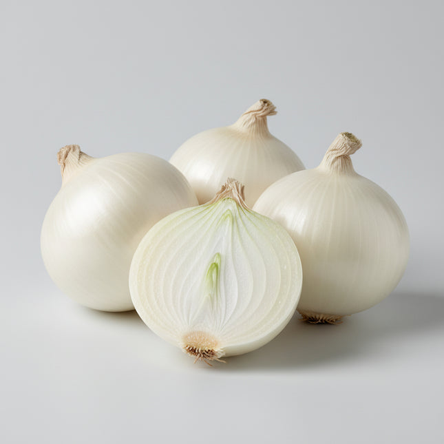 Four white onions, including one halved onion showing the layered white interior, arranged on a piece of burlap over a rustic wooden surface.